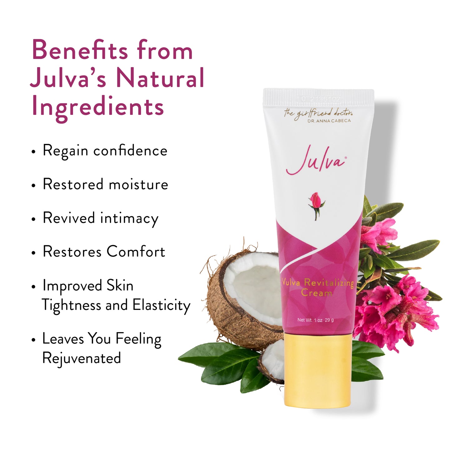 Benefits from Julva's Natural Ingredients: regain confidence, restored moisture, revived intimacy, restored comfort, improved skin tightness and elasticity, leaves you feeling rejuvenated